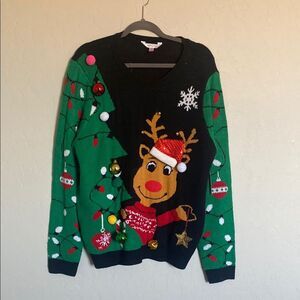 No Boundaries Black and Green Reindeer Sweater